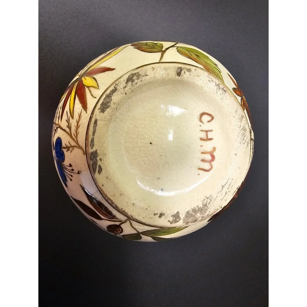 Vintage Hand Painted Floral Crackle Glaze Ceramic Amphora Vase Urn Gold Trm 5.5